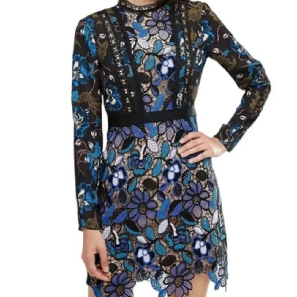 Self-Portrait Black Blue Floral Lace Long Sleeve Cocktail Mini Dress Size 6 - Picture 1 of 14
